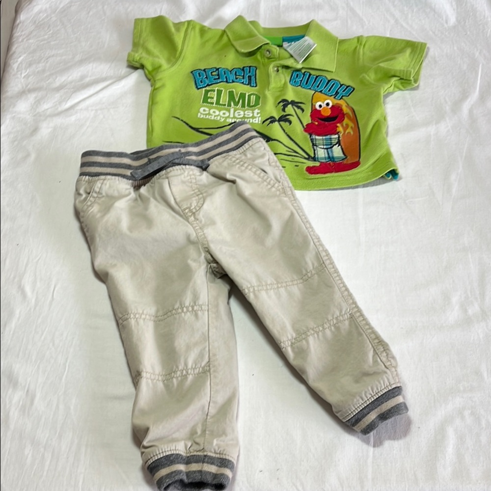 18M Sesame Street Elmo polo shirt, Oshkosh lightly lined joggers